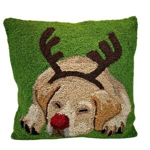 Hooked Wool Sleeping Yellow Labrador Retriever Christmas Rudolph Reindeer Pillow